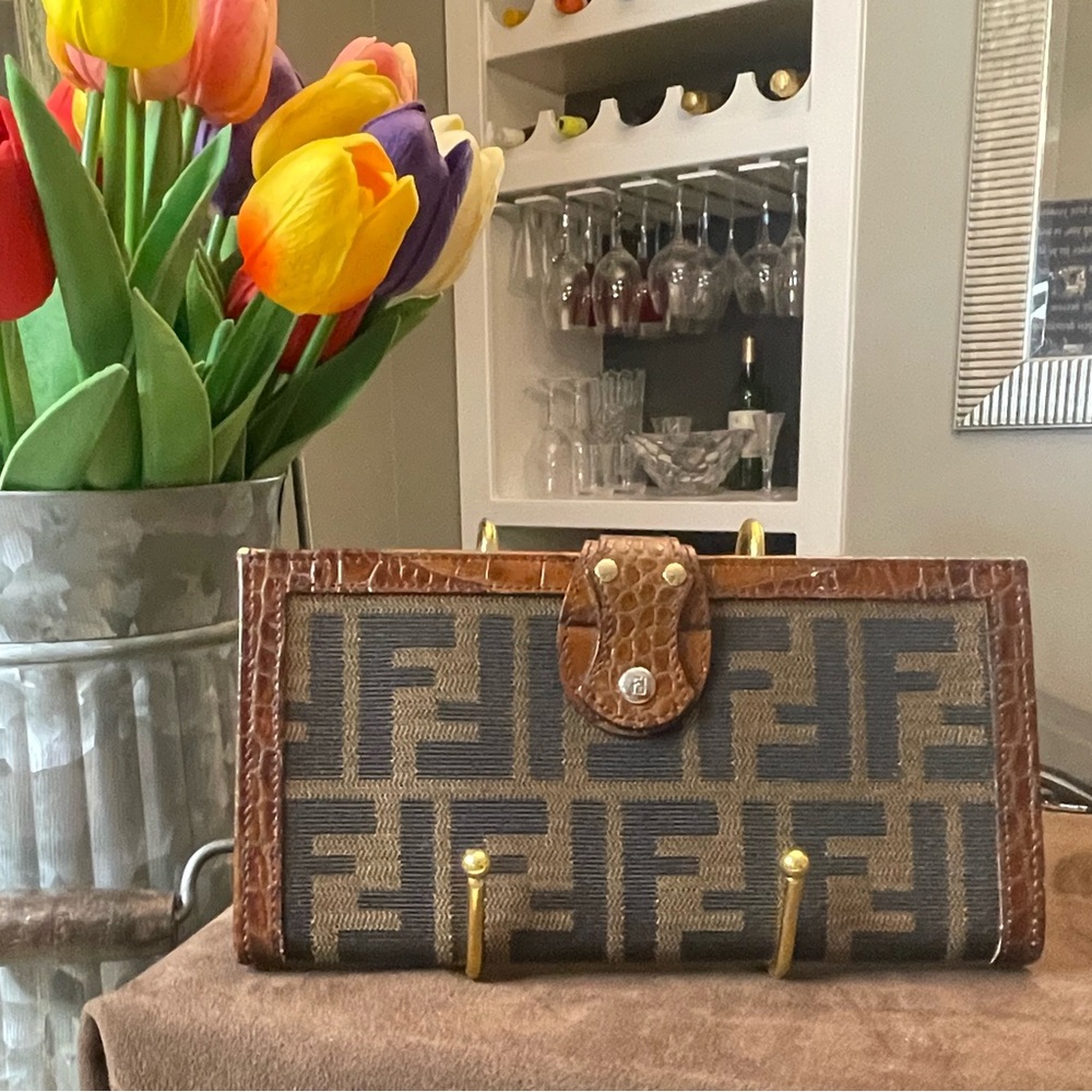 Fendi Zucca Wallet with Brown Croc Embossed Leather